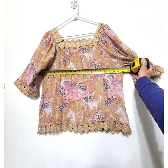 Zac & Rachel Paisley Print Crochet Trim Peasant Top Size L - Picture 4 of 7